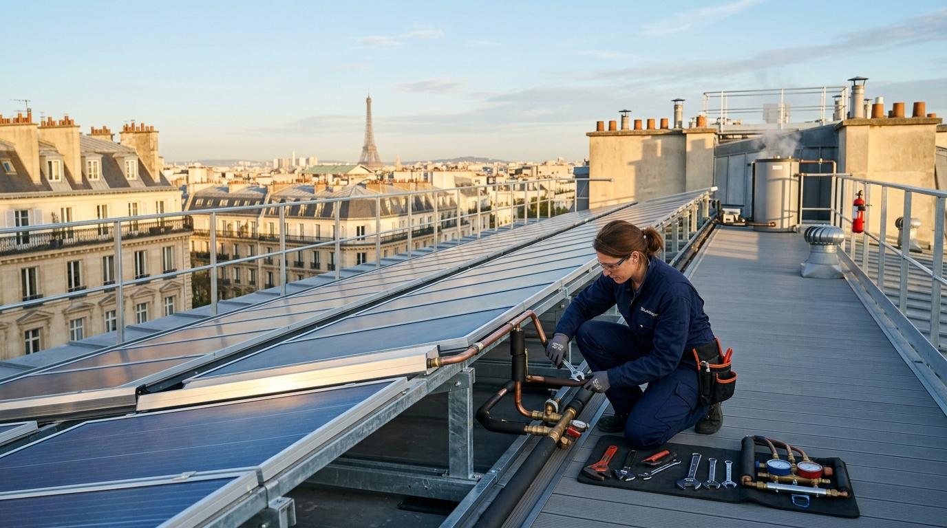 Technicien installant panneaux solaires à Paris avec Eiffel Tower