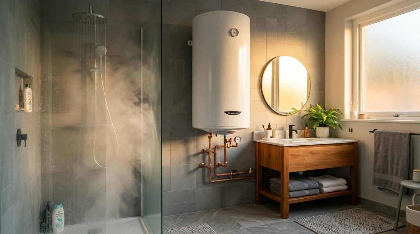 Salle de bain contemporaine avec douche, meuble en bois et miroir rond