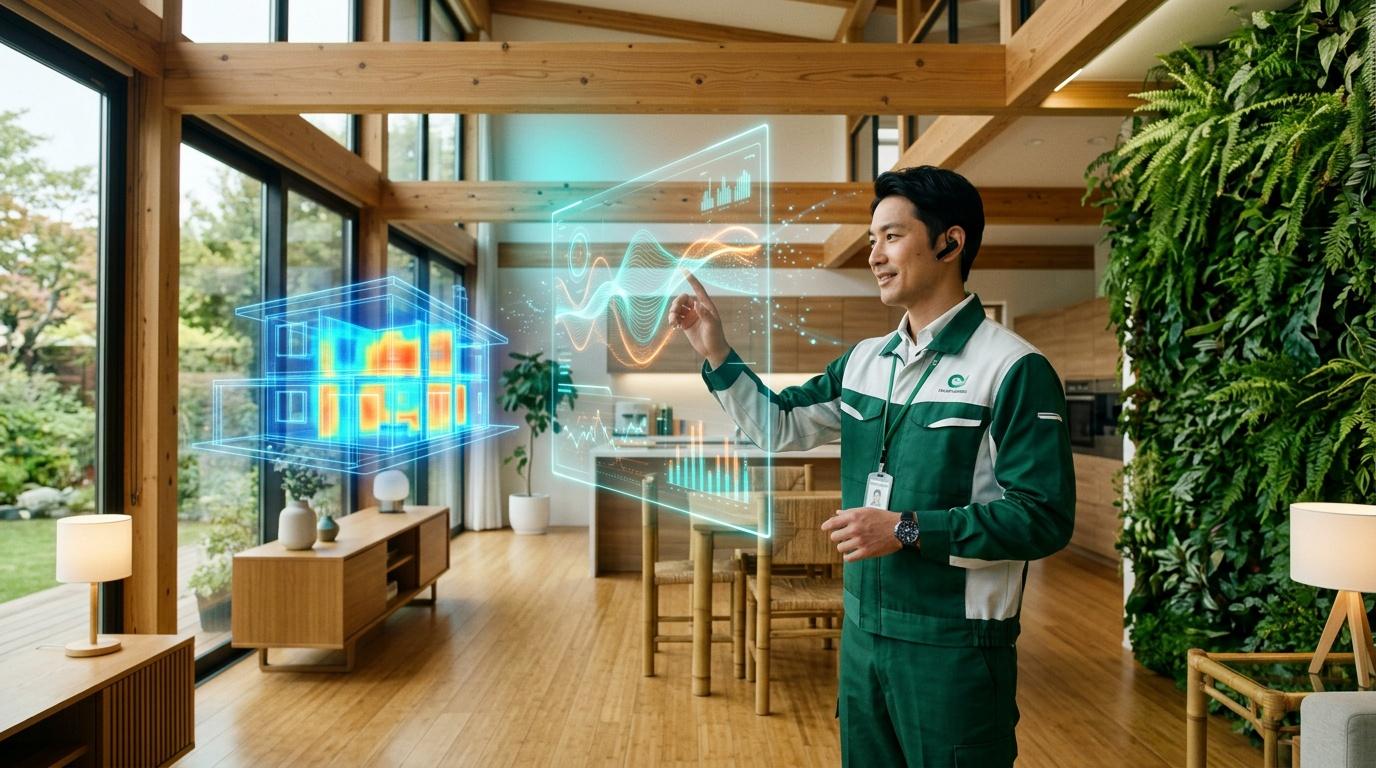 Technicien visualisant données énergétiques holographiques maison